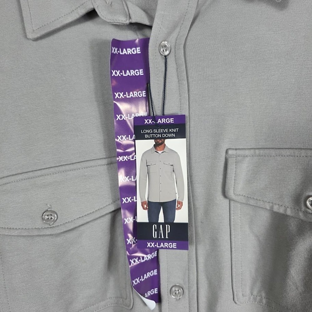 GAP Mens XX Large Gray Long Sleeve Knit‎ Button Down Shirt With Pockets